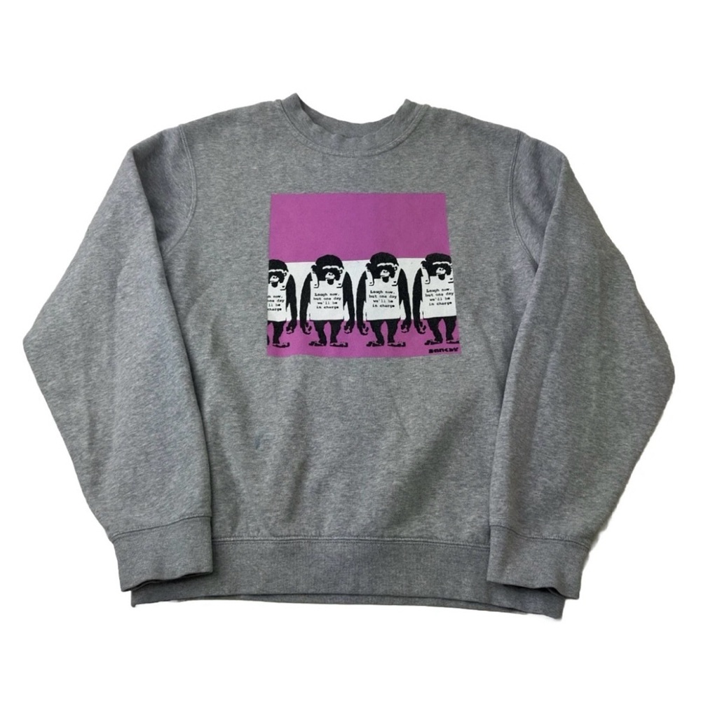Banksy From Amsterdam Gray Graphic Crewneck Sweatshirt Mens Large Monkey Graphic